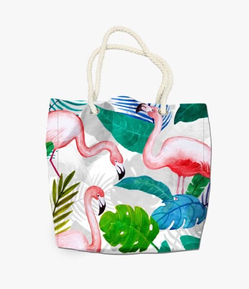 Strandtas in polyester, waterbestendig, 40 x 40 cm., flamingo
